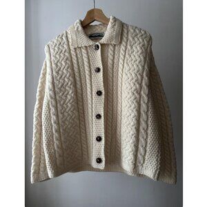 1990s Cream Aran Merino Cropped Cardigan | Vintage Made in Ireland Cable knit Sw